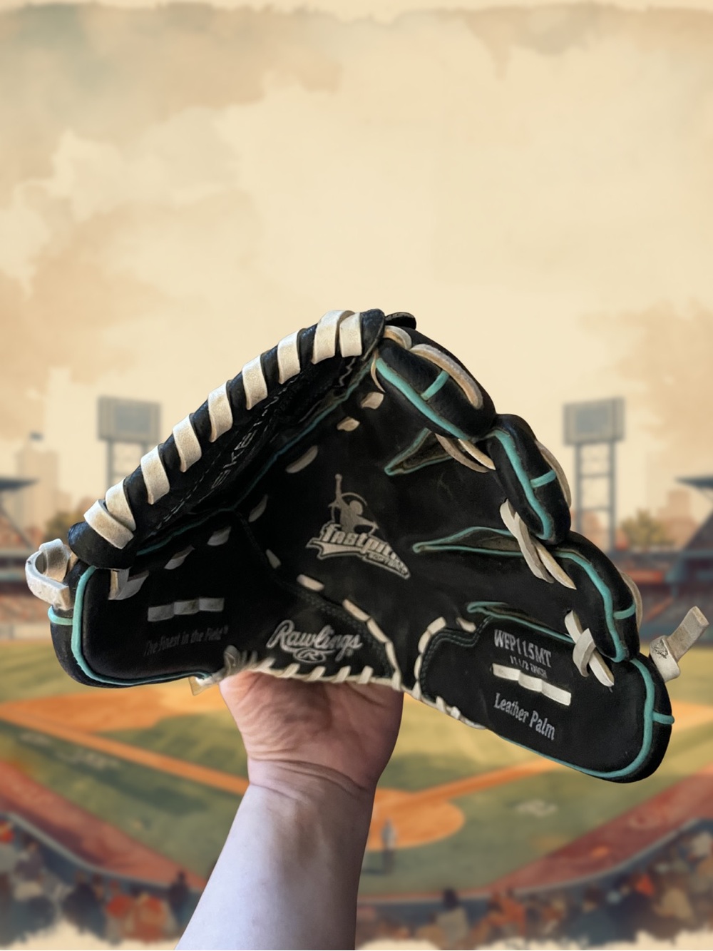 RAWLINGS Fastpitch Softball Glove Women's 11.5" Leather Palm WFP115MT Black Teal - Picture 5 of 8